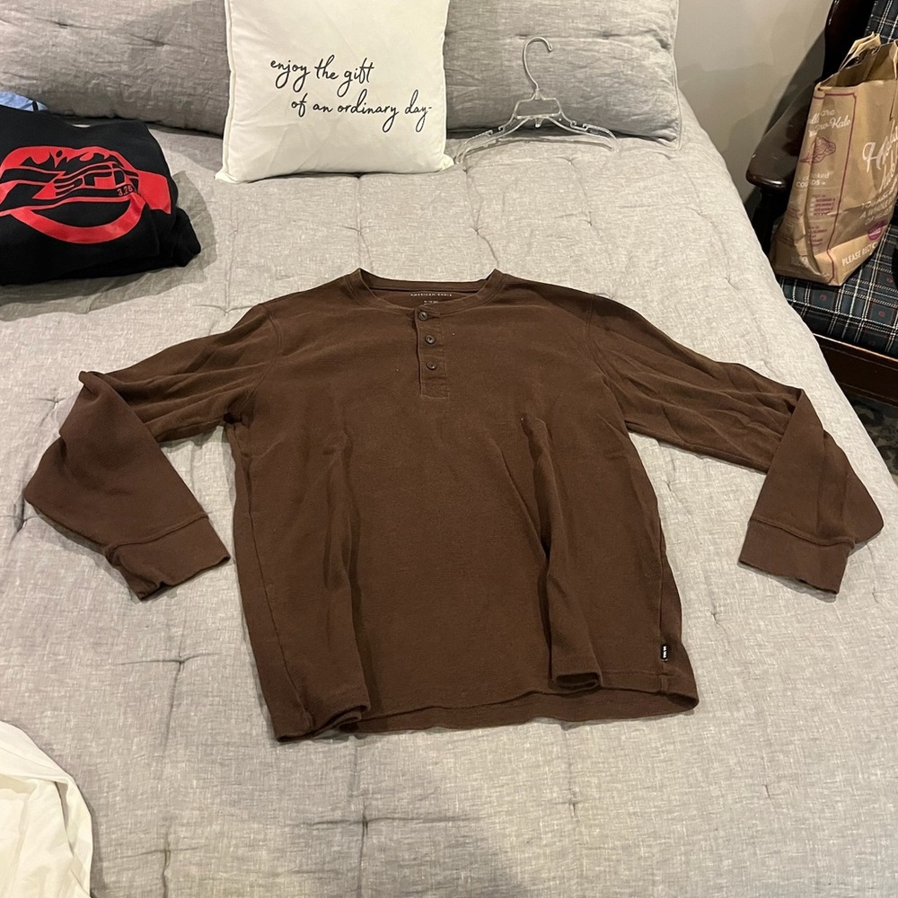 American Eagle Brown Long Sleeve Henley Shirt